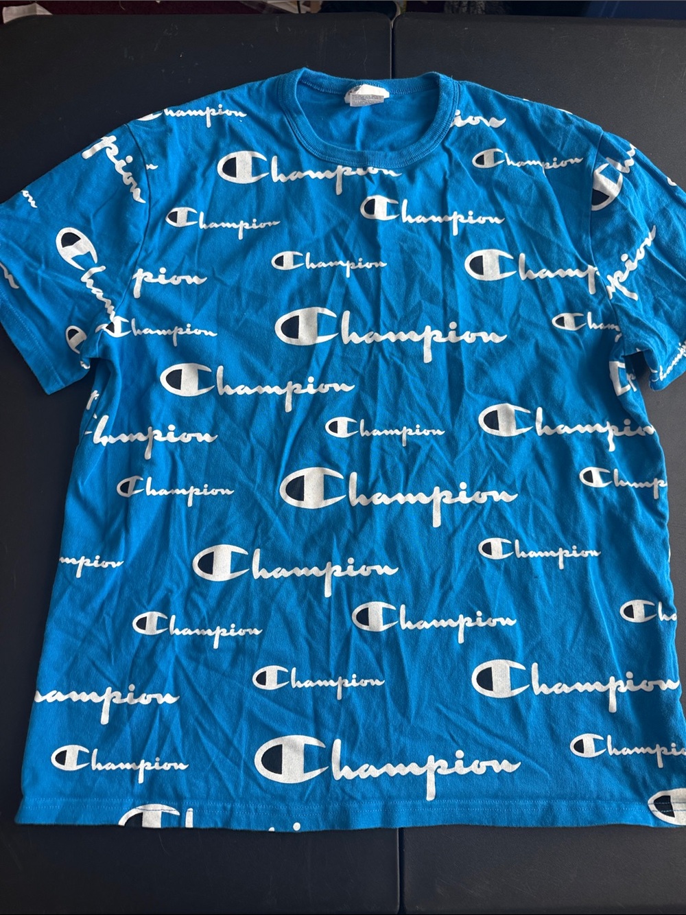 Champion Allover White Logo Teal Blue Tee